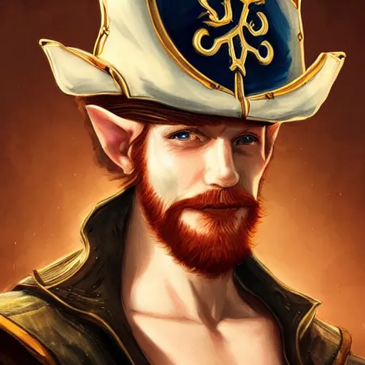 Image similar to dashing charming ginger grinning charismatic elf male rogue, wearing pirate captain's tricorne hat, naval background, amazing, trending on art station, artgerm, Greg rutkowski