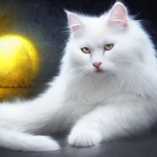 Prompt: a sad white fluffy cat with yellow eyes crying. fantasy portrait. 8k. high resolution. exquisite. extremely detailed.