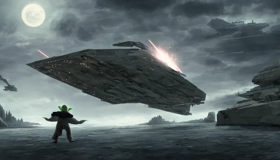 Prompt: Baby Yoda destroying Star Destroyer with the Force, hyperdetailed, artstation, cgsociety, 8k