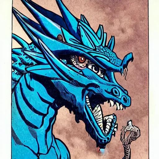 Image similar to head and shoulders portrait of a medieval fantasy anthropomorphic blue dragon - headed - human hybrid with electrcity magic, fantasy, d & d, high details, comic book cover art photo by phil noto and frank miller