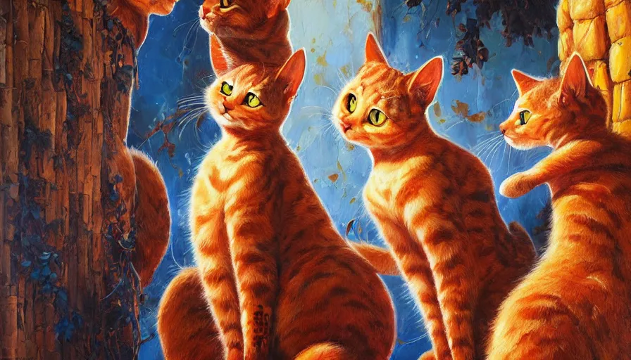 Image similar to highly detailed contemporary acrylic painting of really tall sitting cats by justin gerard, thick brush strokes and visible paint layers, vivid multicolor scheme