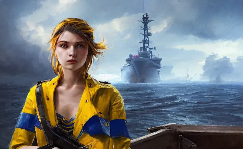 Prompt: front view of a Ukrainian girl in national clothes with blue and yellow stripes in her hair standing against a huge warship ready to fight, concept art, highly detailed, smooth, sharp focus, illustration, art by Greg Rutkowski, trending on Artstation