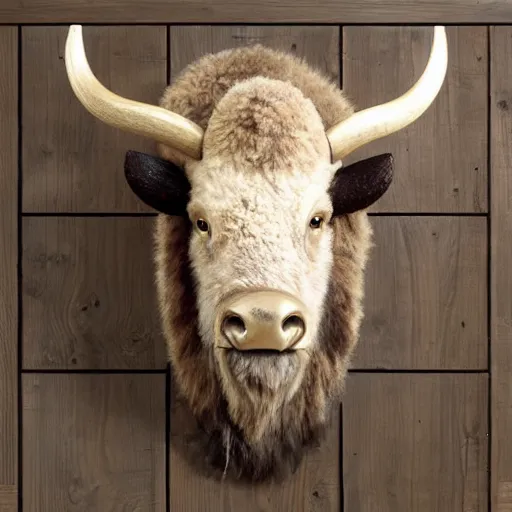 Prompt: hunting trophy bison head nailed to the wall