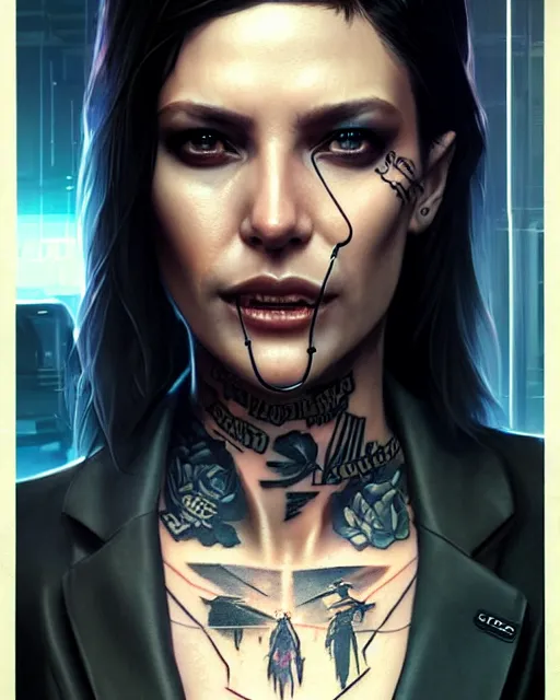 Prompt: cyberpunk corporate woman, covered in tattoos | | realistic shaded, fine details, realistic shaded lighting poster by greg rutkowski, diego gisbert llorens, magali villeneuve, artgerm, jeremy lipkin and rob rey