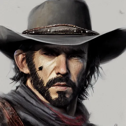 Image similar to portrait of a man with a long duster, grey hair and a cowboy hat, greek origin, harsh good looking face, drawn by ruan jia, fantasy art, red dead redemption, django, dramatic lighting, digital art, 8 k, highly detailed