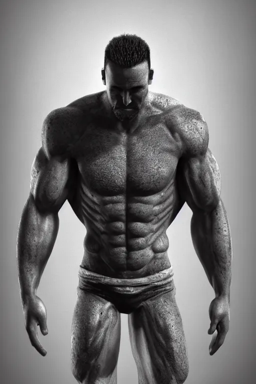 Image similar to a single muscular man wearing torn clothes, looking to the right, profile picture, hyperrealistic, concept art, octane render, unreal engine 5, trending on artstation, high quality, highly detailed, 8 k, dramatic lighting, cinematic, high coherence, anatomically correct, five fingers, digital art, seductive, black and white, big beard