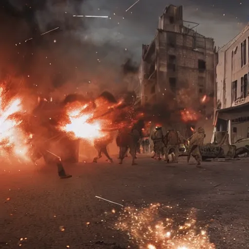 Image similar to world war 2 combat scene in city with explosions
