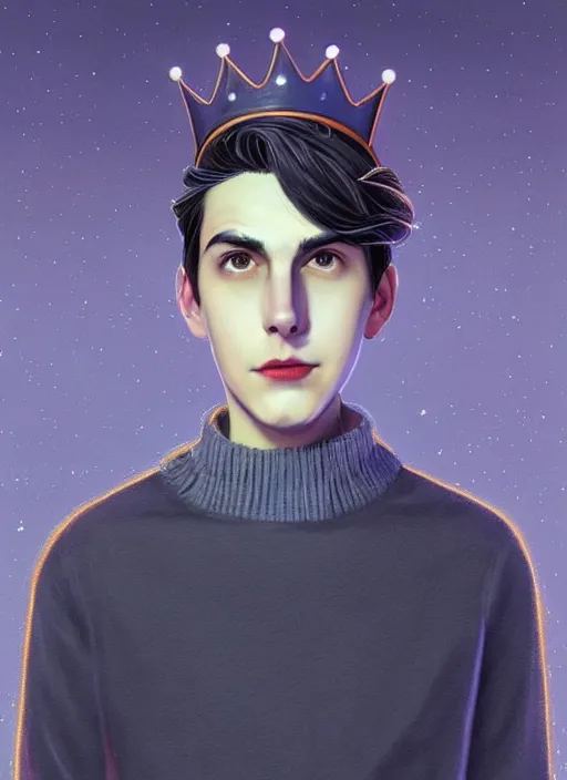 Image similar to portrait of teenage jughead jones wearing a light grey crown, crown, blue turtleneck, 1 9 5 0 s, closed eyes, photorealistic, black hair, glowing lighting, intricate, elegant, glowing lights, highly detailed, digital painting, artstation, concept art, smooth, sharp focus, illustration, art by wlop, mars ravelo and greg rutkowski