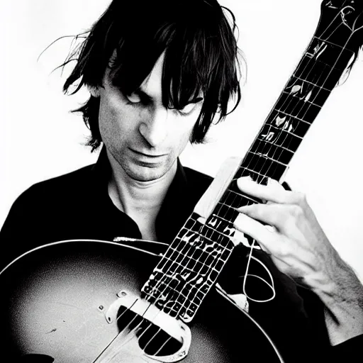 Prompt: Jonny Greenwood playing a guitar in a black and white photo, a black and white photo by Colin Greenwood, featured on tumblr, toyism, groovy, psychedelic, ilya kuvshinov