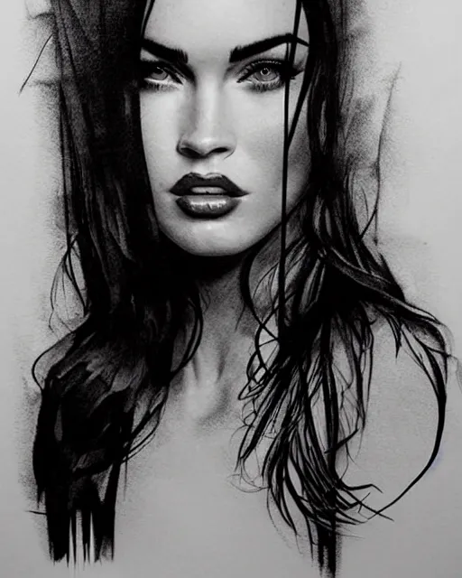 Image similar to megan fox face mash up with beautiful mountain scenery, in the style of dan mountford, tattoo sketch, double exposure, hyper realistic, amazing detail, black and white