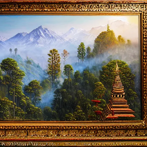 Image similar to a beautiful and highly detailed oil painting of an nepali temple in the kathmandu valley, detailed trees and cliffs, forgotten valley, swirling mist, lush forests, intricate details, epic scale, insanely complex, 8 k, sharp focus, hyper realism, fantasy landscape, psychedelic, by caspar friedrich,