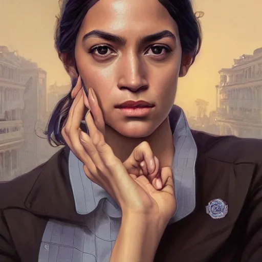 Image similar to ultra realistic illustration, alexandria ocasio - cortez politician, intricate, elegant, highly detailed, digital painting, artstation, concept art, smooth, sharp focus, illustration, art by artgerm and greg rutkowski and alphonse mucha