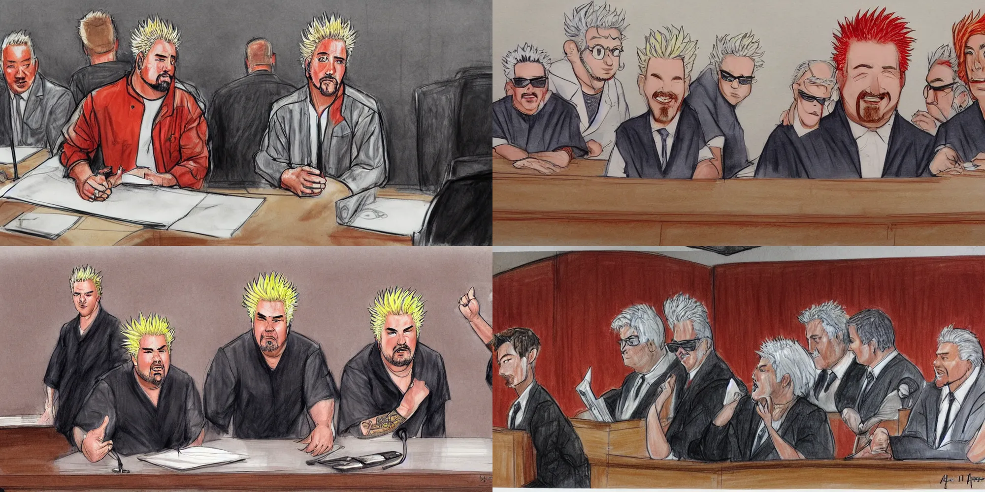 Prompt: Guy Fieri and jury trial in the courtroom sketch by Arthur Lien by Christine Cornell by Batton Lash by John M. Downs by Leo Hershfield, concept art