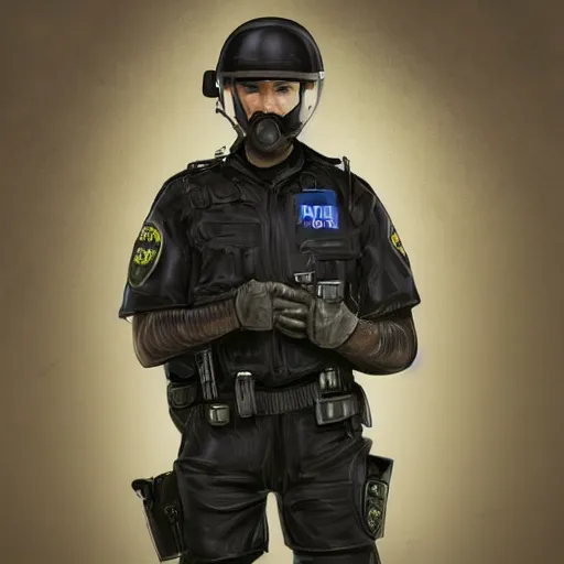 Image similar to A British police officer wearing rubber gloves, highly detailed, ambient lighting, trending on art station