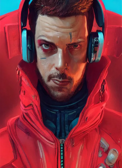 Image similar to cyberpunk character wearing jumpsuit and red jacket and cyberpunk headset. ( blade runner 2 0 4 9, dystopian, cyberpunk 2 0 7 7 character design ). attractive face. portrait by james gurney and laurie greasley, oil on canvas. cinematic, hyper realism, realistic proportions, full view, dramatic lighting, high detail 4 k