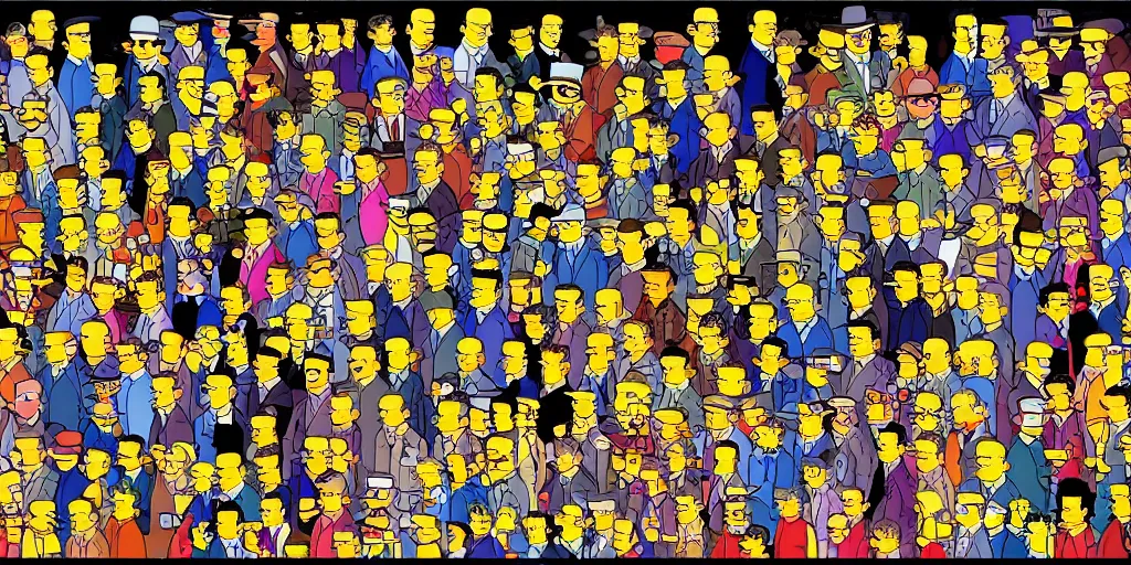 Image similar to the simpsons, autostereograms, escher, where's wally, repeated shapes