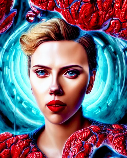 Prompt: highly detailed vfx portrait of scarlett johansson, red lipstick, global illumination, detailed and intricate environment by james jean and tristan eaton