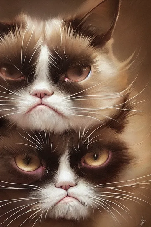 Image similar to Grumpy Cat, intricate, elegant, highly detailed, digital painting, artstation, concept art, smooth, sharp focus, illustration, art by artgerm and greg rutkowski and alphonse mucha