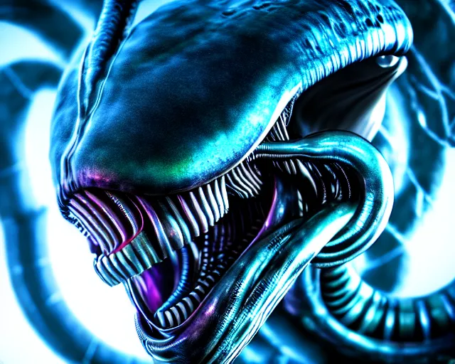 Image similar to 2 8 mm closeup portrait of a wet slimy dripping xenomorph alien in science fiction spaceship hallway, dramatic lighting, octane, blue lights, lens flare, industrial, dirty, trending on artstation, golden ratio, h. r. giger, mist, action, volumetric lighting