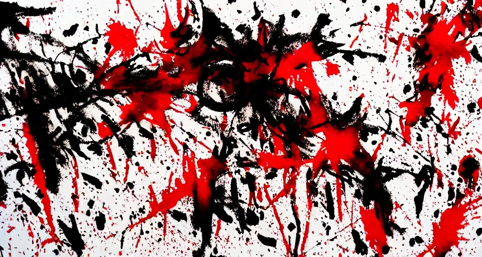 Image similar to category b film poster, ink painting, blood splatter on the sides and trace of a shot in centre, sharp render, painting, grainy tape, distortion, few details,