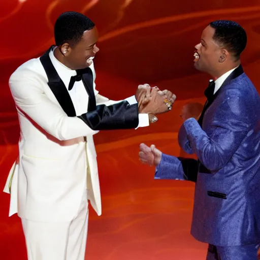 Image similar to chris rock slapping will smith on stage during the oscar awards, 8k, realistic