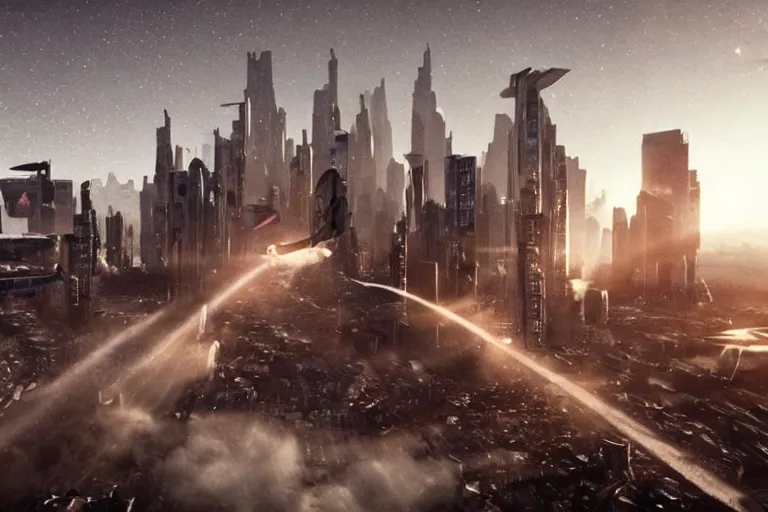 Prompt: VFX movie photojournalism of daily life in a futuristic interstellar city of abundance Emmanuel Lubezki