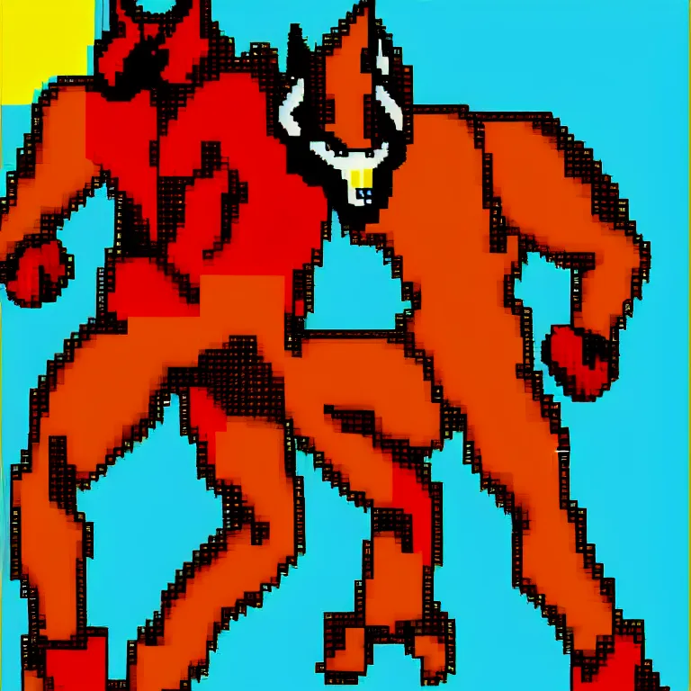 Prompt: full body portrait. 8 bit nes graphics. antropomorphic muscular masculine wolf. kickboxer fighter, in shorts. wolf head. furr on body. red, black, yellow, blue, magenta, pink colors