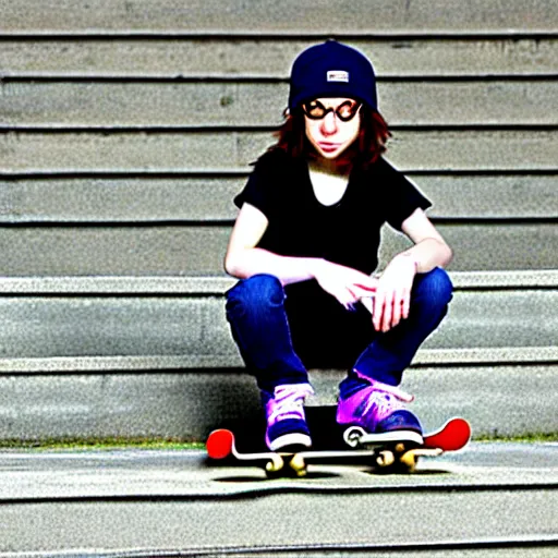 Image similar to skater girl sitting on steps by scott pilgrim, by bryan lee o'malley