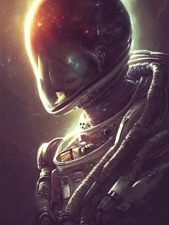 Image similar to portrait of an astronaut from alien isolation, art by ryo shiotani and greg rutkowski, intricate, beautiful, cute, cinematic lighting, vintage art by serge ivanoff, high resolution, very detailed