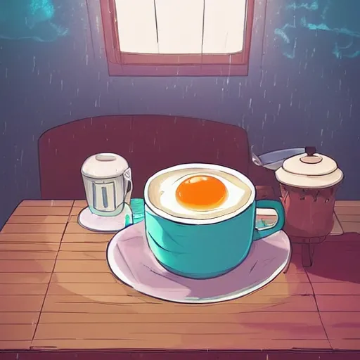 Prompt: breakfast, rainy day, anime, ghibli, 9 0 s, retro style, aesthetic, chill, room