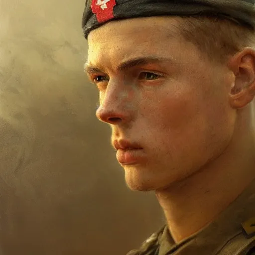 Image similar to a dramatic epic ethereal portrait of a WWII soldier, young male, detailed face, cinematic lighting, highly detailed oil on canvas painting by Greg Rutkowski, winning-award digital art trending on Artstation H 1024 W 832