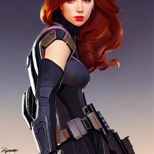 Image similar to greg manchess portrait painting of armored natasha romanova aka black widow as overwatch character, medium shot, asymmetrical, profile picture, organic painting, sunny day, matte painting, bold shapes, hard edges, street art, trending on artstation, by huang guangjian and gil elvgren and sachin teng