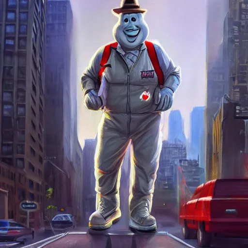 Image similar to the ghostbusters marshmallow man wearing timberlands and a yankee hat smoking a joint walking threw new york city, highly detailed portrait, digital painting, artstation, concept art, smooth, sharp foccus ilustration, artstation hq