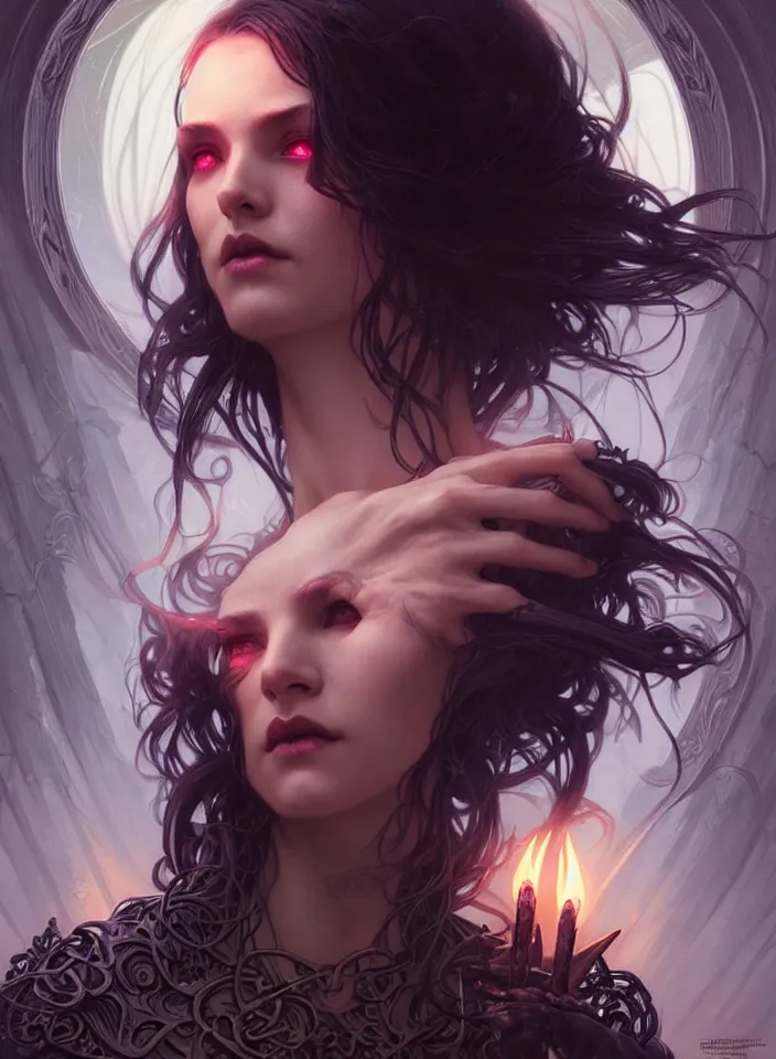 Image similar to Necromancer Sorceress face in center, fantasy magic, undercut hairstyle, dark light night, intricate, elegant, sharp focus, illustration, highly detailed, digital painting, concept art, matte, art by WLOP and Artgerm and Greg Rutkowski and Alphonse Mucha, masterpiece