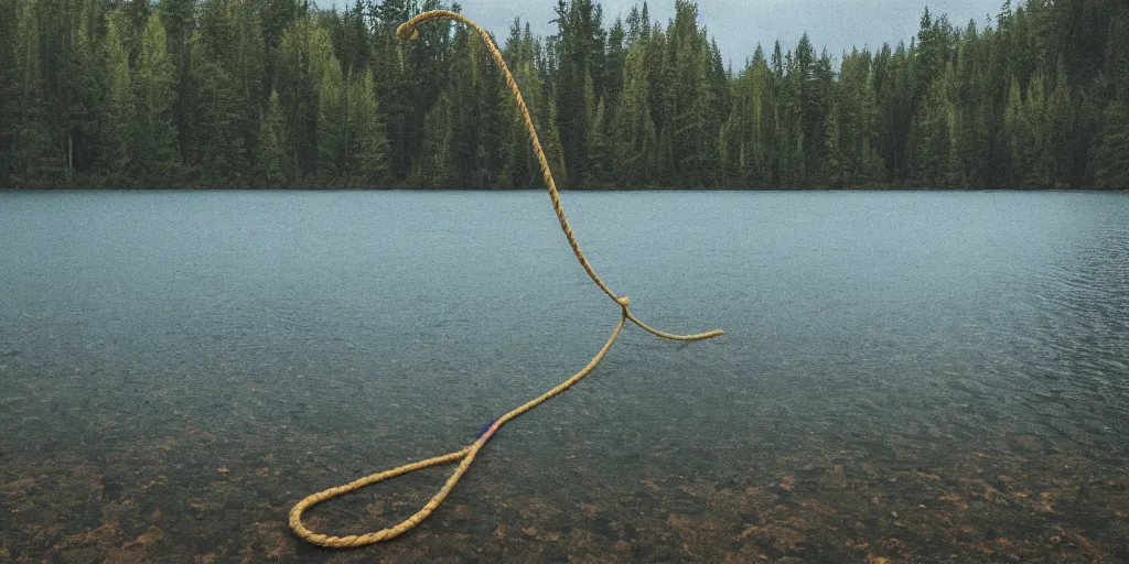 Image similar to centered photograph of a long rope snaking directly on the surface of the water, dark lake on a cloudy day, color film, trees in the background, hyper detailed photo, anamorphic lens