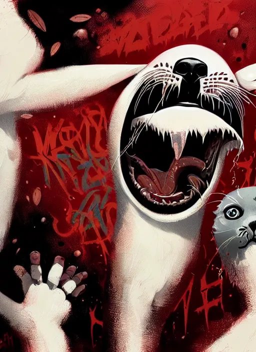 Image similar to highly detailed closeup portrait of a metal album cover with a furry white baby seal in a mosh pit by atey ghailan, by greg rutkowski, by greg tocchini, by james gilleard, by joe fenton, by kaethe butcher, gradient red, black, brown and white color scheme, grunge aesthetic!!! white graffiti tag wall background