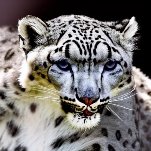 Image similar to A close up of a snow leopard looking to the left.