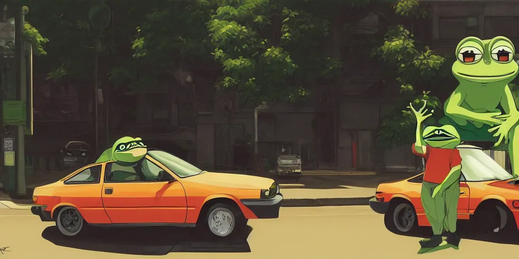 Prompt: pepe the frog posing next to a parked ae 8 6 on a tokyo street, digital painting, masterpiece, by ilya kuvshinov, by frank frazetta, by mbius, by reiq, by hayao miyazaki