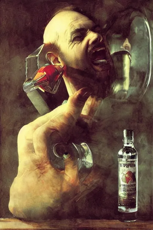 Image similar to a ship in a bottle but instead of a ship it is jack nicholson in the bottle, painting by caravaggio, artgerm, greg rutkowski, edgar maxence, norman rockwell, tom bagshaw