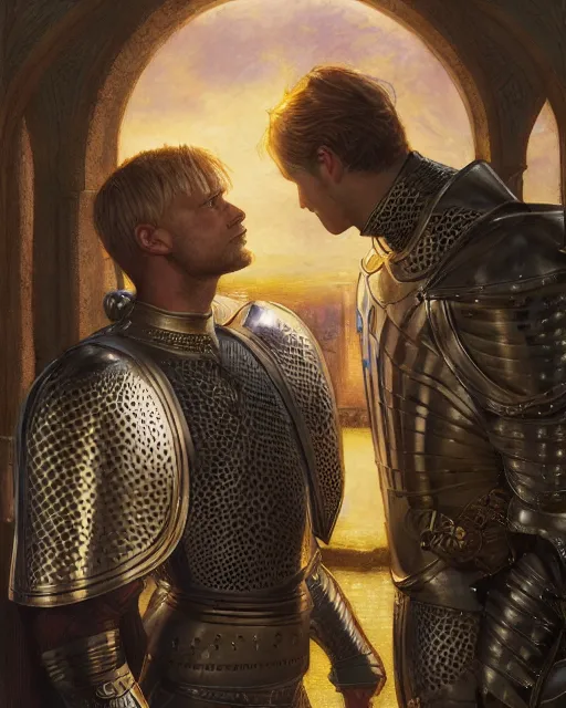 Image similar to attractive arthur pendragon confesses his love to his attractive male knight, they are close to each other, in a quiet moment highly detailed, very intricate, cinematic lighting, by donato giancola and rossdraws and magali villenueve, featured on artstation