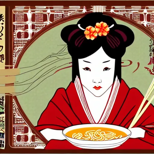 Image similar to beautiful japanese female model eating ramen soup portrait in the style of art nouveau x belle epoque