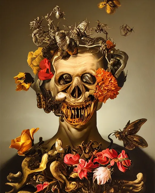 Prompt: refined gorgeous blended oil painting with black background by christian rex van minnen rachel ruysch dali todd schorr of a chiaroscuro portrait of an extremely bizarre disturbing mutated man made of still life flowers and rubber insects with shiny skin acne dutch golden age vanitas intense chiaroscuro cast shadows obscuring features dramatic lighting perfect symmetry perfect composition masterpiece