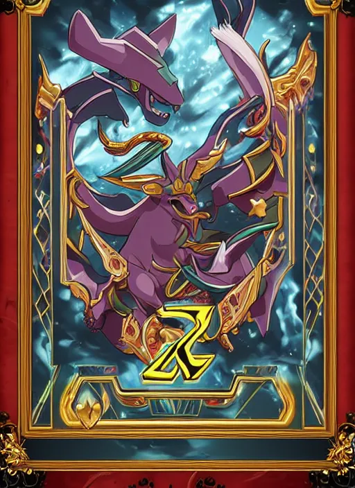 Image similar to legendary pokemon with trading card design and ornate border frame, art station, full card design