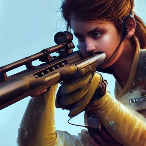 Prompt: close up of beautiful female and barrett m 9 5 sniper rifle are best friends, hi - fructose, decadent highly - detailed digital painting, golden ratio, octane render, artstation, cinematic composition, smooth, sharp focus