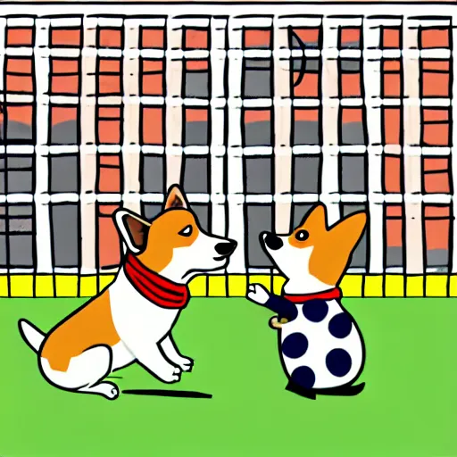 Image similar to illustration of french boy in paris playing football against a corgi, the corgi is wearing a polka dot scarf