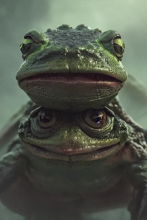 Prompt: A portrait of a monstrous frog by Greg Rutkowski, Sung Choi, Mitchell Mohrhauser, Maciej Kuciara, Johnson Ting, Maxim Verehin, Peter Konig, Bloodborne, 8k photorealistic, cinematic lighting, HD, high details, dramatic, dark atmosphere, trending on artstation