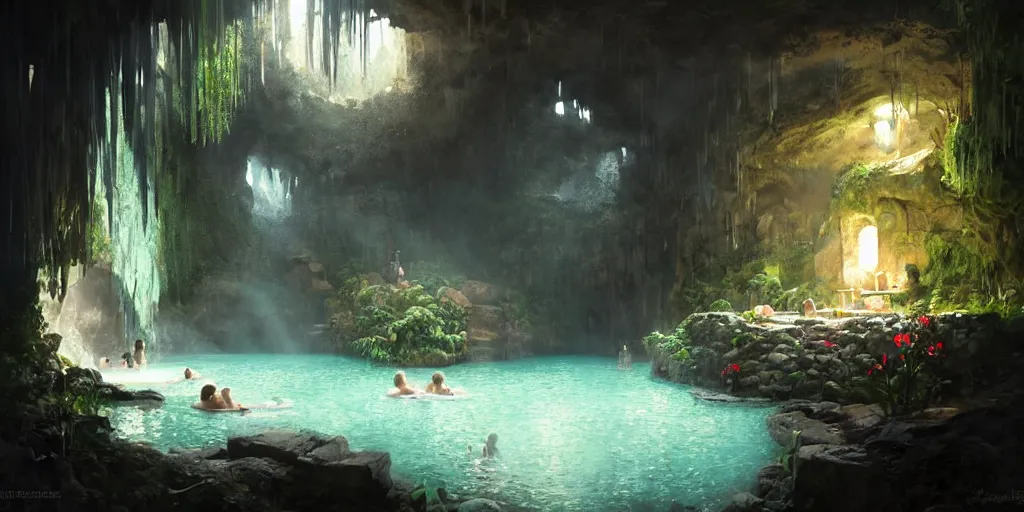 Image similar to detailed interior of cozy hotsprings hidden inside a cave, small waterfalls, lush vegetation, flowers, towels, plates of fruit, candlelight, digital painting, concept art, light shafts, stunning atmosphere, by Greg Rutkowski, cinematic lighting