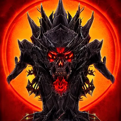 Prompt: a dark matter solutions schizophrenia sphare limbo digital art angry demon in iron armor and dragon bones with diamonds sits on the black throne of death and looks with red eyes into the darkness against the background of a bright red sun