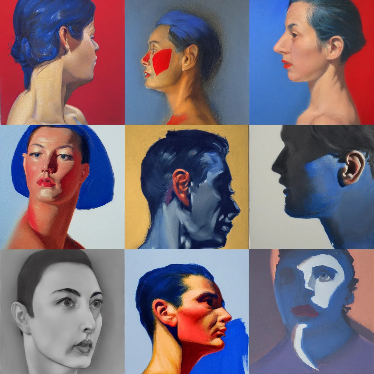 Prompt: profile portrait in peruvian realist style ( 1 9 5 4 ), ultramarine blue, venetian red, titanium white, modeled lighting, detailed, expressive, shadows