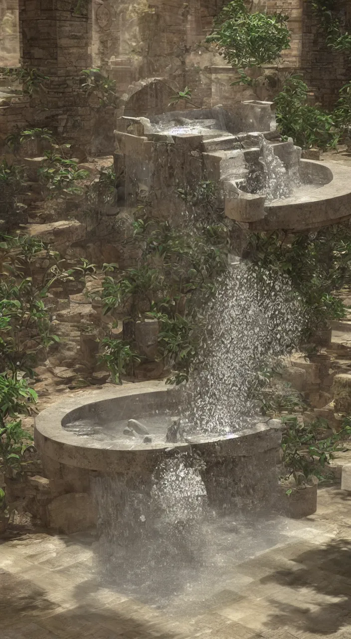 Prompt: a stream of water entering into a machine made from amphoras and producing a large coin, in the style of a fountain, architectural 3 d render, isometric, engineering, dynamic lighting, clay texture, 8 k